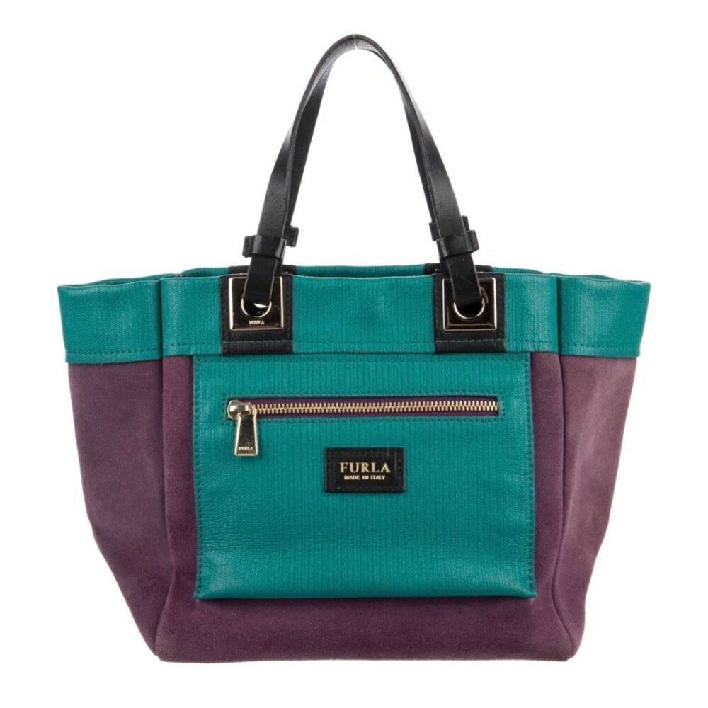 Furla Tribe Reversible Tote – Teal & Purple Suede + Italian Saffiano Leather